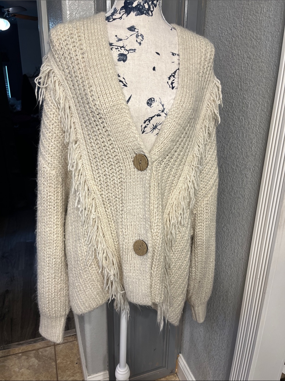 Cream Fringe Knit Button-Up Cardigan Sweater